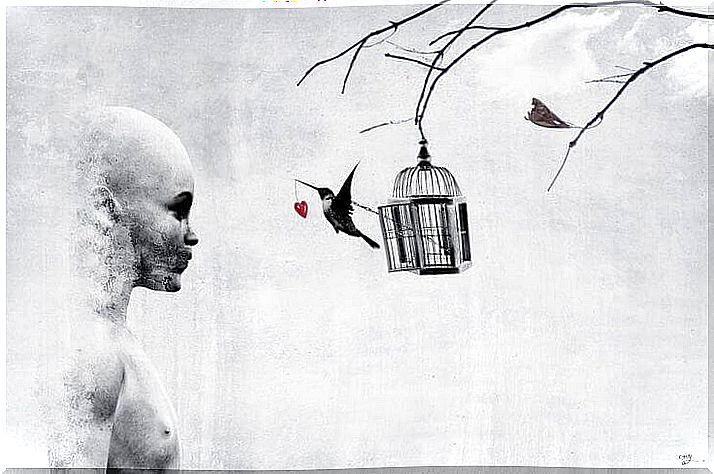 bald-woman with a hummingbird