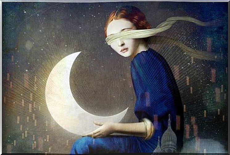 Woman holding moon with eyes covered.