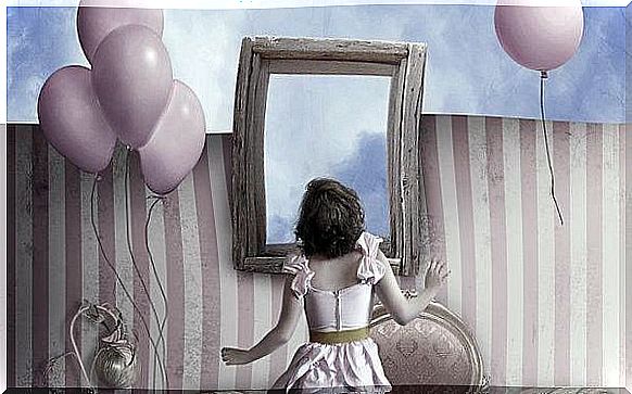 Woman looking in mirror with balloons flying.